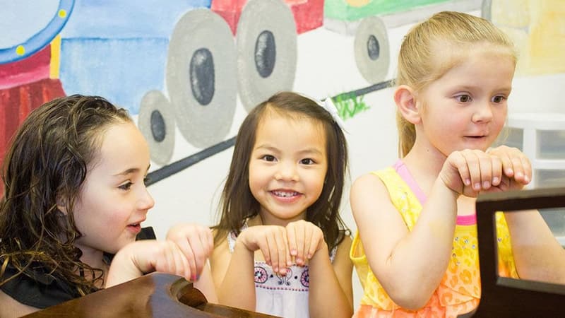 Young children gathered at a piano with their teacher in a Children's Music Academy classroom painted with a train mural.